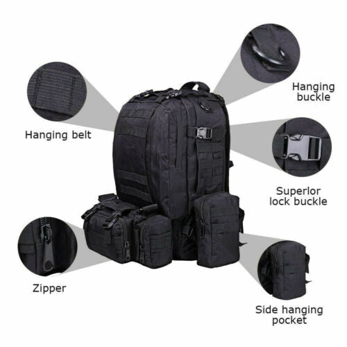 Military Tactical 60L Backpack with 3 MOLLE Detachable Bags