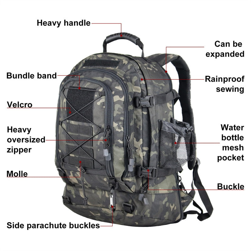 60L Military Tactical Backpack – Expandable Outdoor Rucksack with MOLLE System